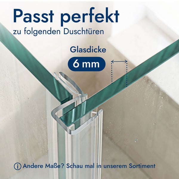 Detailansicht eines Eckprofils für Glasduschtüren mit einer Glasdicke von 6 Millimeter.