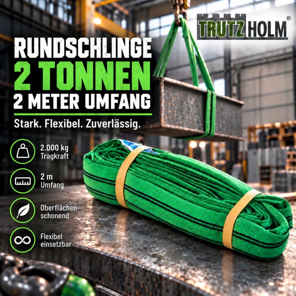 Trutzholm Rundschlinge mit 2000 kg Tragkraft und 2 Meter Umfang, oberflächenschonendes Hebeband in einer industriellen Werkstattumgebung.