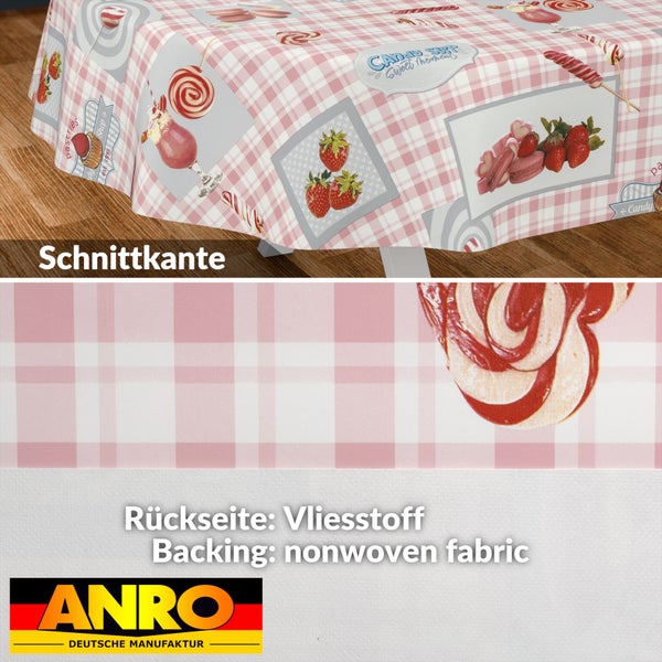 Wachstuch mit Motiven von Süßigkeiten, Karomuster, Schnittkante und einer Rückseite aus Vliesstoff. ANRO Logo.
