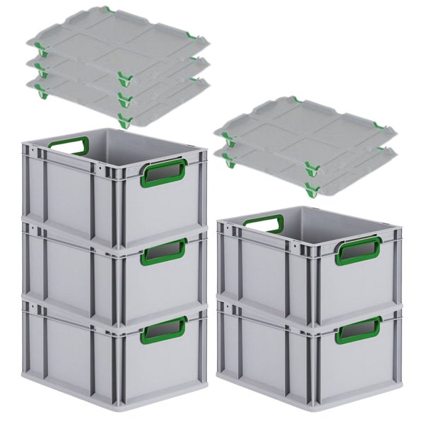 PROREGAL Spar Set 5x Eurobox Nextgen Color Mit Auflagedeckel & Schiebeschnappverschlüsse HxBxT 22 x 30 x 40 cm Griffe Grün Offen Glatter Boden