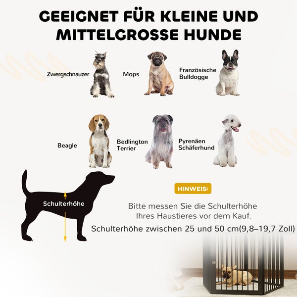 Infografik für Hundekäfig geeignet für kleine und mittlere Hunde mit Schulterhöhe 25 bis 50 Zentimeter und Beispielrassen wie Beagle oder Mops.