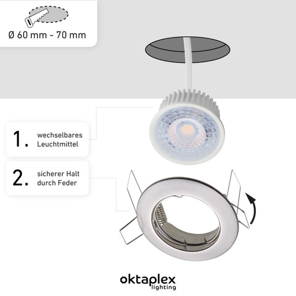 Oktaplex Lighting 3er Set LED Spot Sedan - 3 Stufen dimmbar - 4,8W 3000K 230V 380lm Warmweiß 120° - Deckenspot Edelstahl gebürstet Lochmaß 60mm