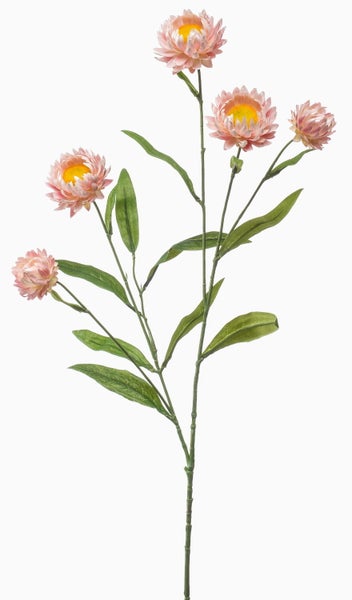 Künstliche rosa Blume mit gelber Mitte an einem grünen Stiel