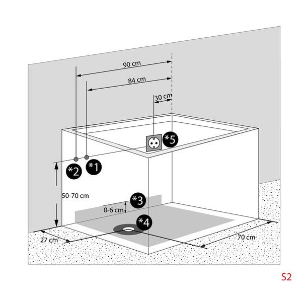 Installationsschema einer Dusche mit Maßangaben zu Ablauf, Steckdose und Wandanschluss.