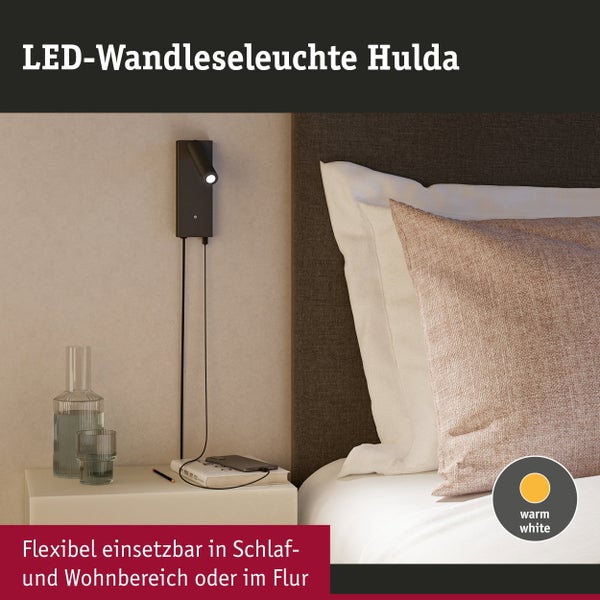 LED-Wandleseleuchte Hulda, schwarz, Schlafzimmer-Montage mit verstellbarem Spot und USB-Ladefunktion für Smartphones, warmweißes Licht.