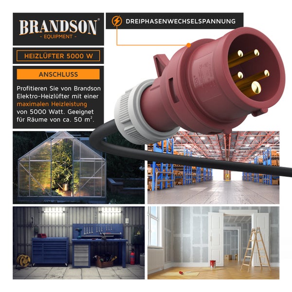 Brandson Bauheizer 5000W, Heizlüfter, 2 Heizstufen, Überhitzungsschutz, Automatische Abschaltung, für Baustelle Garage Werkstatt Rohbau, Schwarz/Gelb