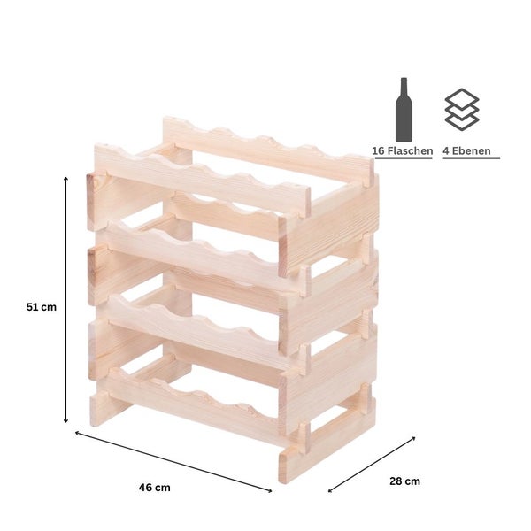Weinregal VINOTECA FLEX PRO HxBxT 51x46x28cm 16 Flaschen auf 4 Ebenen Massives Kiefernholz Natur unbehandelt