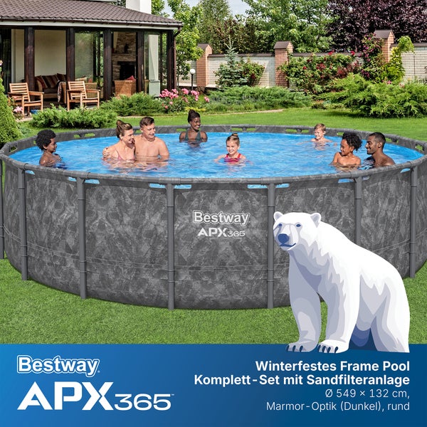 Bestway Logo, winterfestes rundes Frame Pool Set APX365, Marmor-Optik, Sandfilter, 549 Zentimeter Durchmesser, 132 Zentimeter hoch, im Garten.