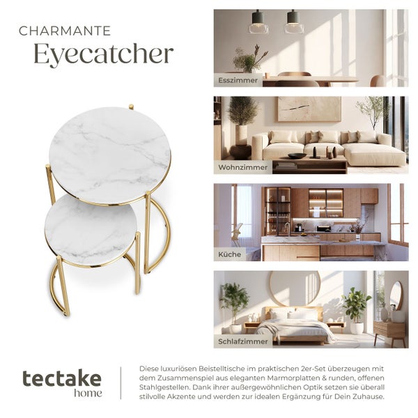 Zweiteiliges Beistelltischset mit Marmorplatten und Stahlgestellen von tectake home, Anwendungsbeispiele: Esszimmer, Wohnzimmer, Küche, Schlafzimmer