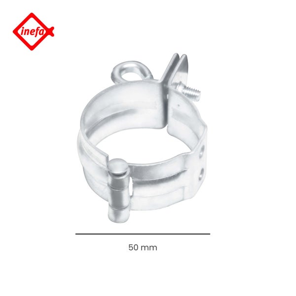 Inefa Rohrschelle aus Metall mit Scharnier und Schraubverschluss, Durchmesser 50 Millimeter, Inefa Logo.
