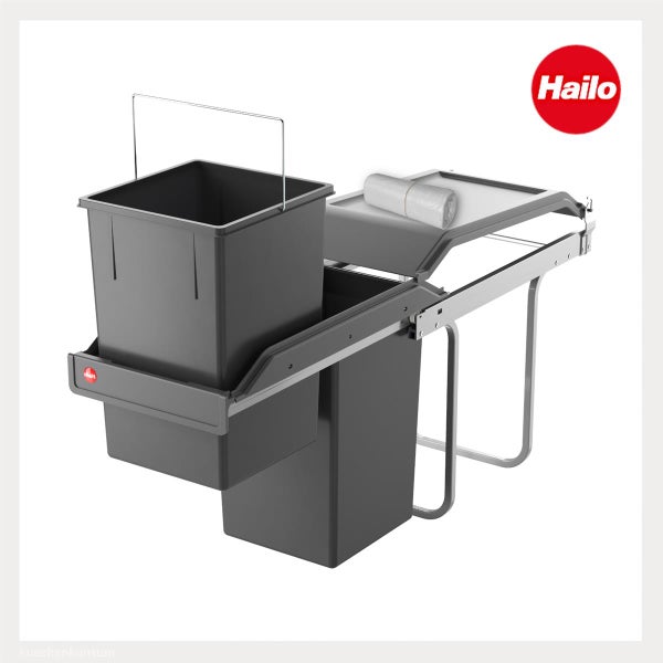 Hailo Mülltrennsystem mit zwei grauen Abfalleimern und ausziehbarem Metallrahmen. Hailo Logo.