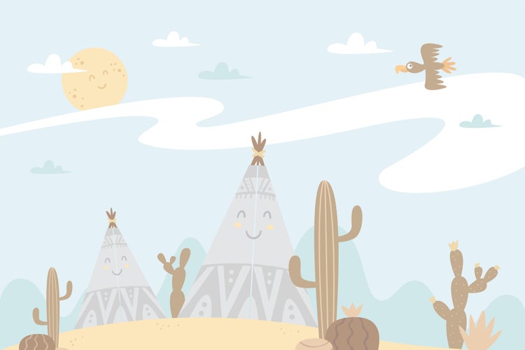 Wandtapete mit kindlichem Wüstenmotiv, Tipi Zelte und Kakteen Illustration für Kinderzimmer.