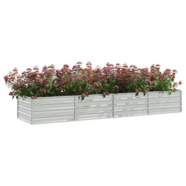 Rechteckiges Hochbeet aus Metall bepflanzt mit blühenden Blumen zur Garten- oder Terrassengestaltung