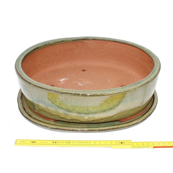 Bonsai-Schale mit Unterteller Gr. 5 - oliv-braun - oval O1 - L 31cm - B 24cm - H 9cm
