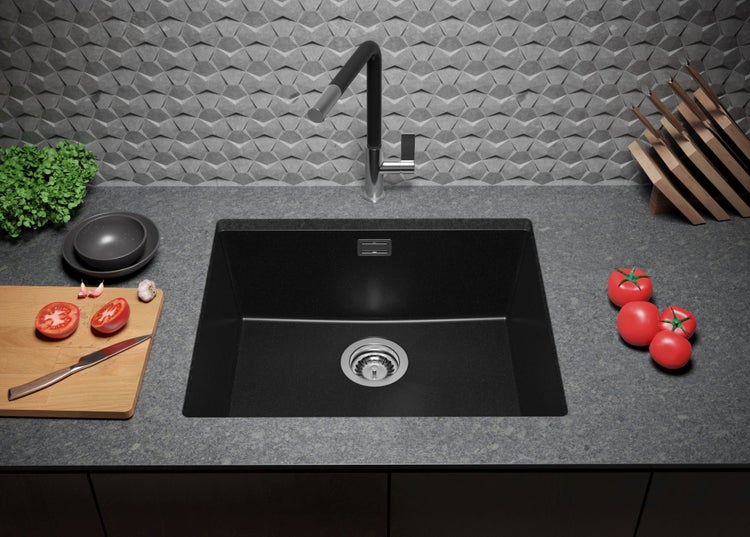 PRIMAGRAN Unterbauspüle Granit Alles Schwarz 56x47cm, Spülbecken 1 Becken + Ablauf-Set, Granitspüle ab 60er Unterschrank - London