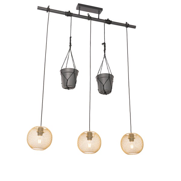 Hängeleuchte mit drei Lampenschirmen und zwei Hängetöpfen