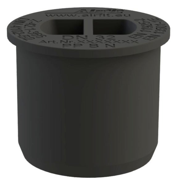 Airfit Rohrstopfen DN 32 aus schwarzem Polypropylen.