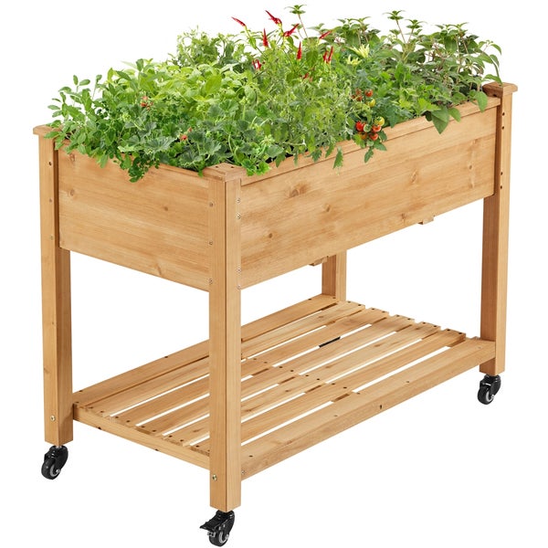 Hochbeet aus Holz mit Ablage und Rollen, bepflanzt mit Gemüse