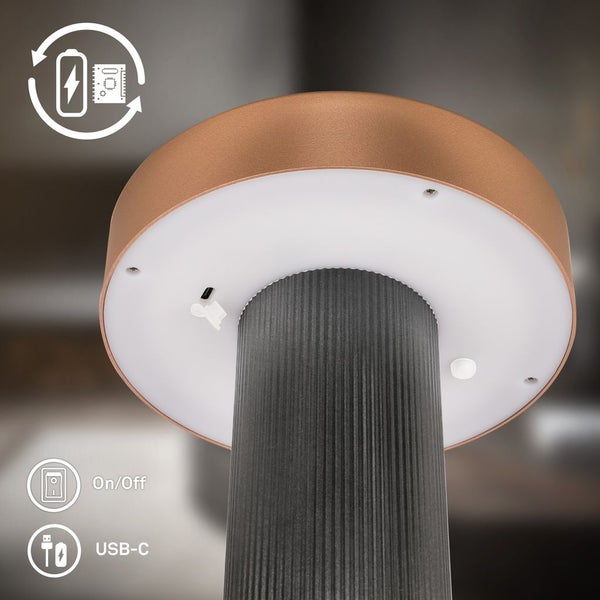 Wiederaufladbare Tischleuchte mit USB-C-Anschluss und Ein-Aus-Schalter.