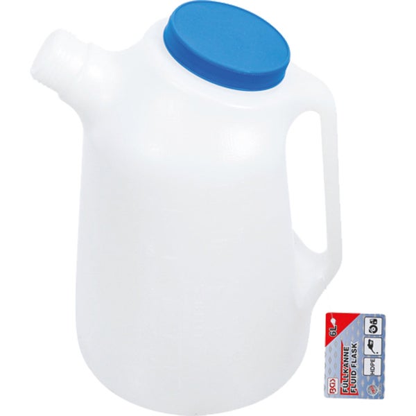 Weiße Füllkanne aus Kunststoff mit 6 Litern Fassungsvermögen, blauem Deckel, integriertem Griff und BGS Logo.