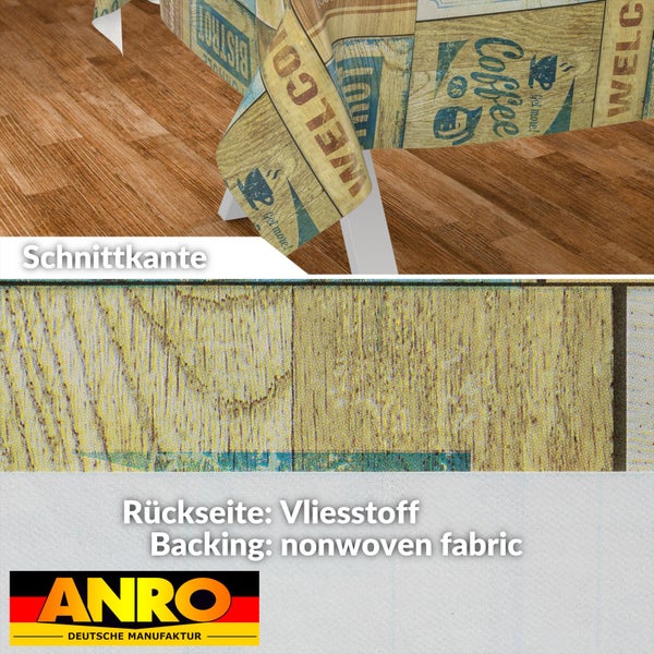 ANRO Tischdecke in Holzoptik mit Kaffee-Motiven, Schnittkante und Vlies-Rückseite. ANRO Logo.