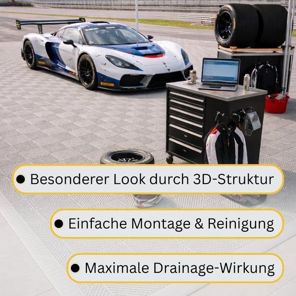 Modularer Garagenboden mit dreidimensionaler Struktur in Werkstatt mit Sportwagen. Merkmale: einfache Montage, Reinigung und Drainage-Wirkung.