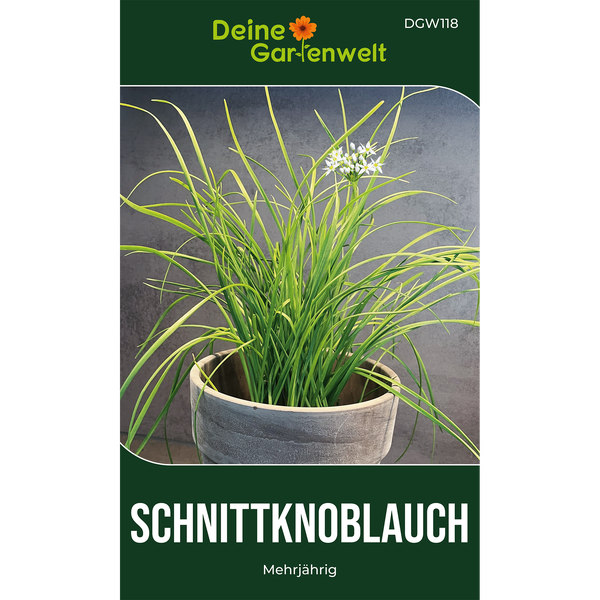 Schnittknoblauch im Topf mit langen grünen Blättern und kleinen weißen Blüten, mehrjährig, Deine Gartenwelt Logo.