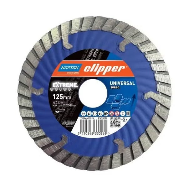 Norton Clipper Extreme Universal Diamanttrennscheibe, Durchmesser 125 Millimeter, Bohrung 22,23 Millimeter für Winkelschleifer.
