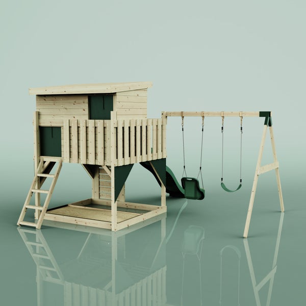 Spielturm aus Holz mit Spielhaus auf Stelzen, Rutsche, Doppelschaukel und integriertem Sandkasten.