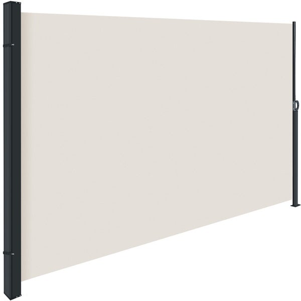 Ausziehbare Seitenmarkise in Beige als Sichtschutz und Windschutz mit dunkelgrauem Metallrahmen und wetterfestem Textilgewebe.