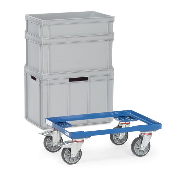 Zwei graue Euroboxen auf einem blauen Rollbrett