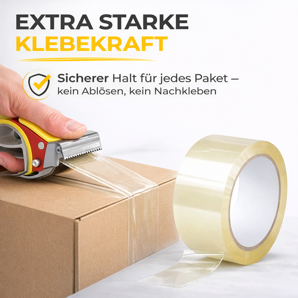 Transparentes Packband wird mit einem Abroller auf einen Karton aufgetragen. Text weist auf extra starke Klebekraft und sicheren Halt hin.