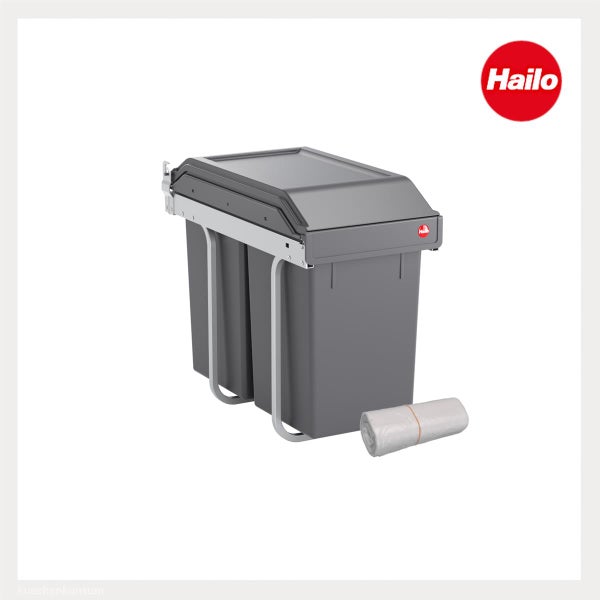 Hailo Einbaumülleimer mit zwei grauen Kunststoffbehältern, Metallrahmen und einer Rolle Müllbeutel. Hailo Logo.