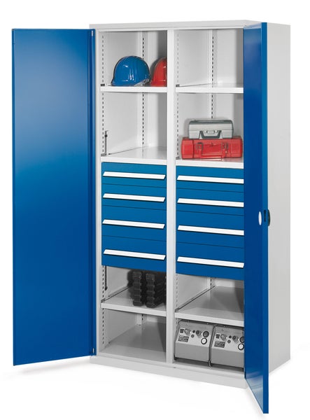 Blauer und grauer Werkstattschrank aus Metall mit Flügeltüren, Schubladen und Einlegeböden, Werkzeugschrank für Werkstatt und Garage.