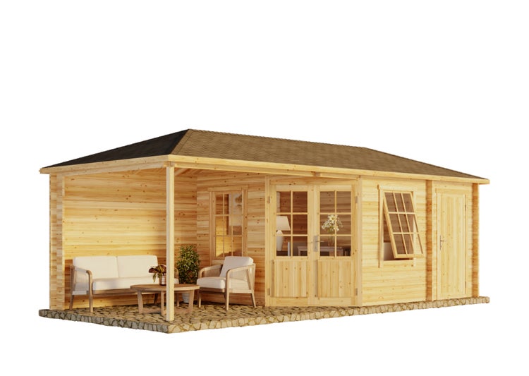 Illustration eines Holzgartenhauses mit Terrasse und Inneneinrichtung.