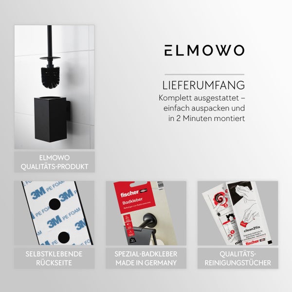 ELMOWO WC Bürstengarnitur mit fischer Spezial Kleber für die Montage ohne Bohren inklusive Reinigungstücher und selbstklebender Rückseite.