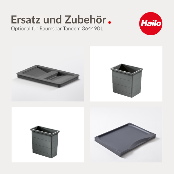Übersicht von Ersatzteilen und Zubehör für Hailo Raumspar Tandem 3644901 mit Abfalleimer-Deckeln und Inneneimern. Hailo Logo.