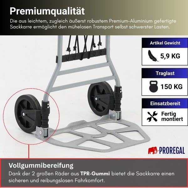 PROREGAL Aluminium-Sackkarre mit 150 Kilogramm Traglast, 5,9 Kilogramm Eigengewicht, Vollgummibereifung, fertig montiert. PROREGAL Logo.