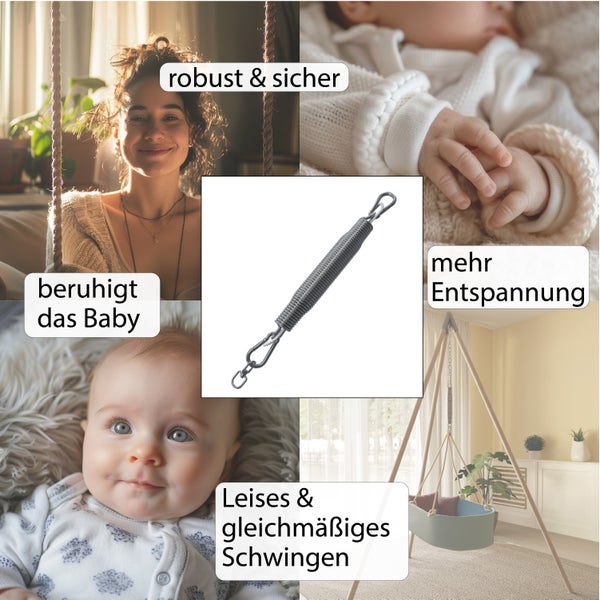 Eine metallene Feder für eine Babyhängematte mit Karabinerhaken für sicheres Schwingen.