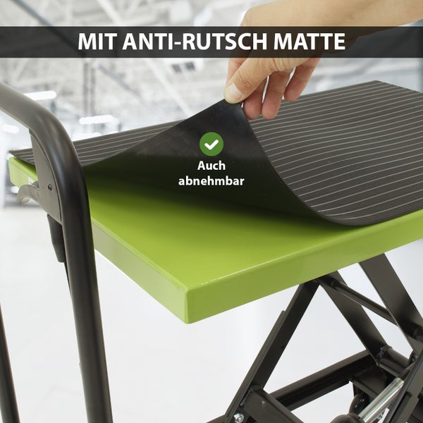 Hubwagen mit Antirutschmatte und abnehmbarer Auflage.