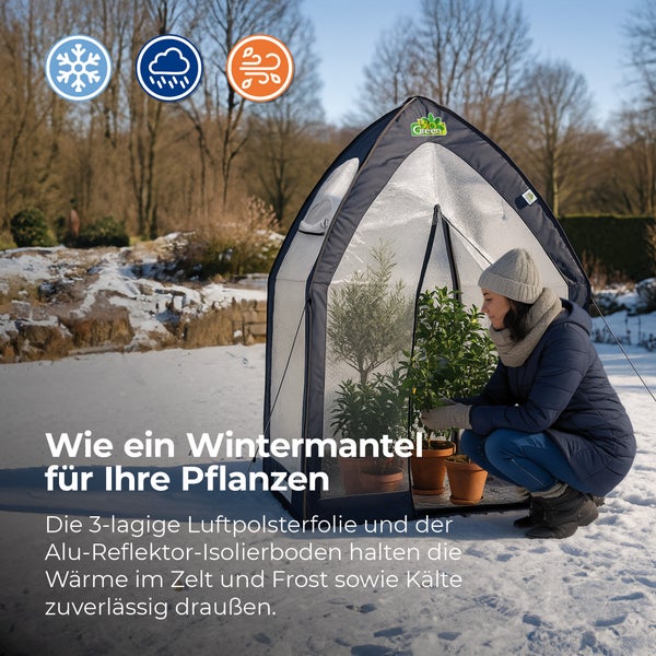 Pflanzzelt mit Frau im Winter, die Pflanzen pflegt; Symbole für Frostschutz, Regenschutz und Windschutz; Biogreen Logo