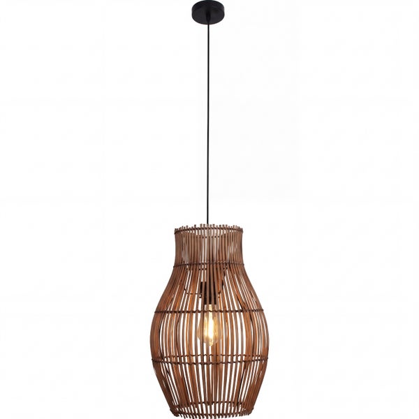 Pendelleuchte mit bauchigem Schirm aus Holzstreben, schwarzer Kabelaufhängung und sichtbarem Leuchtmittel.