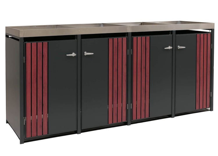 Mülltonnenbox für vier Mülltonnen mit Metalloberfläche und Holzelementen