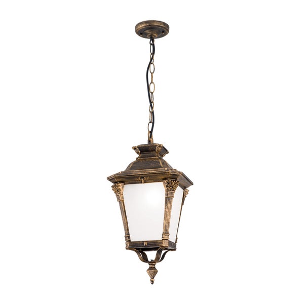 Klassische Außen-Hängeleuchte in Laternenform aus Metall mit weißem Glas und dekorativer Kette.