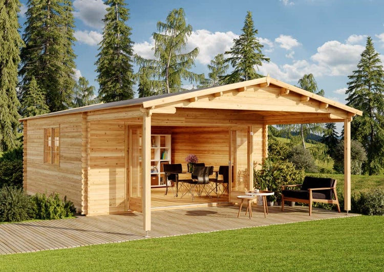 Alpholz Gartenhaus Nyborg-44 ISO mit Falttür Gartenhaus aus Holz in natur, Holzhaus mit 44 mm Wandstärke inklusive Schleppdach FSC zertifiziert, Blockbohlenhaus mit Montagematerial imprägniert 5x7,8m