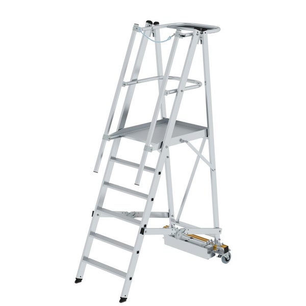 PROREGAL Plattformleiter Klappbar Mit Schmalem Fahrwerk 6 Stufen Inkl. Beidseitigem Handlauf Aluminium Nivello Leiterschuhe