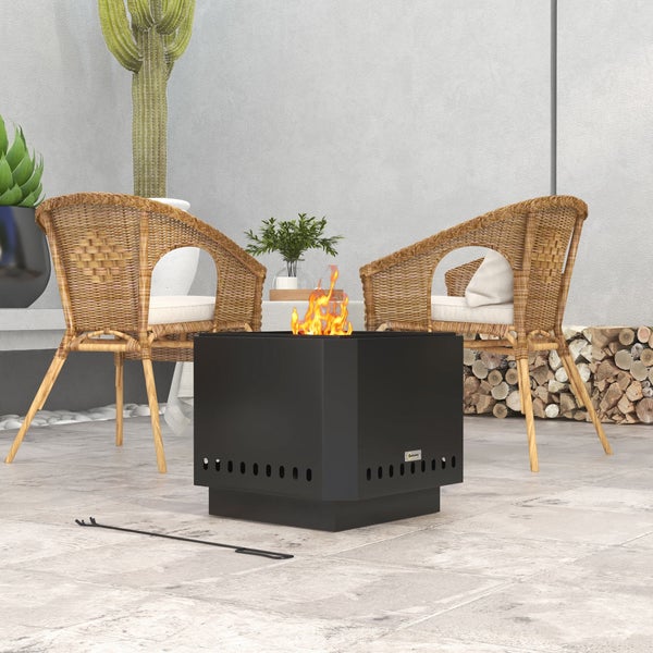 Outsunny Feuerschale, quadratischer Feuerstelle, rauchfreier Feuerkorb mit Schürhaken, Tischfeuer für Garten, Camping, Terrasse, Metall, Schwarz