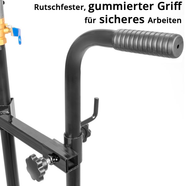 Detailansicht einer Montagestütze mit rutschfestem, gummiertem Griff und schwarzem Metallgestell