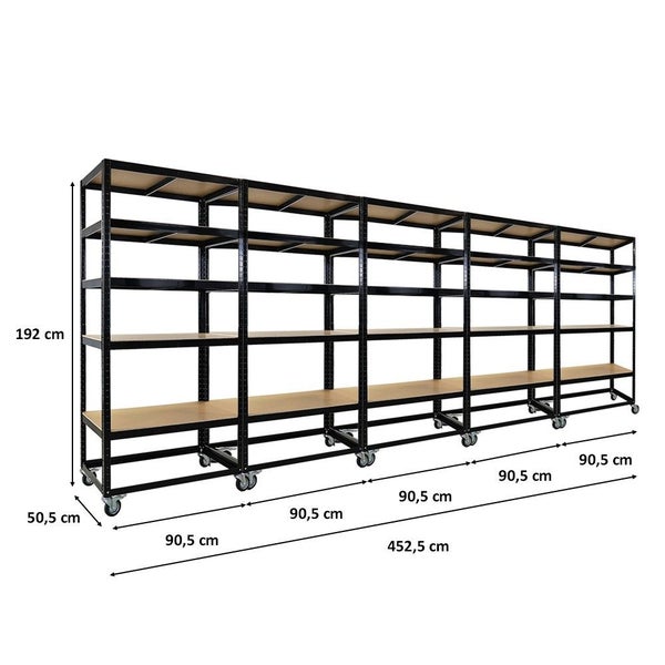 PROREGAL Mega Deal 5x Kommissionierwagen BÜFFEL Fahrbares Kommissionierregal 192x90x50cm 5 Ebenen Fachlast 50kg 2X Lenkrollen & 2X Lenkrollen mit Feststellbremse Schwarz