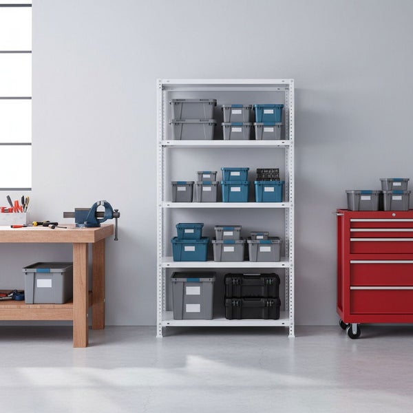 Organisierte Werkstatt mit weißem Metallregal, Kunststoff-Lagerboxen, einer Holz-Werkbank mit Schraubstock und einem roten Werkstattwagen.